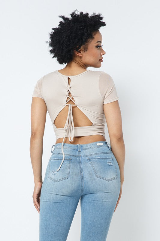 Open Back Tie Detail Crop-Mocha