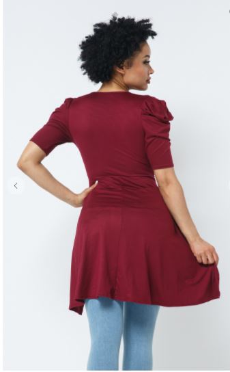 Puff Pleated Sleeve Back Tail Crop -Brown