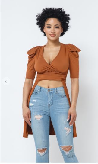 Puff Pleated Sleeve Back Tail Crop -Brown